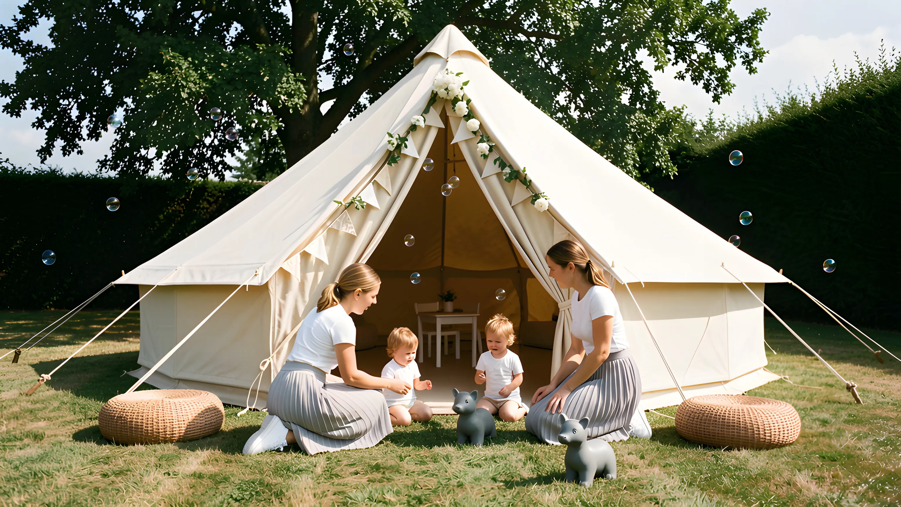 A cream bell tent on a mown lawn with its doors tied open, bunting and a flower garland at the peak. Two nannies in white tees and grey pleated skirts kneel on the grass with two toddlers, a craft table visible inside the tent, bubbles drifting across the frame.