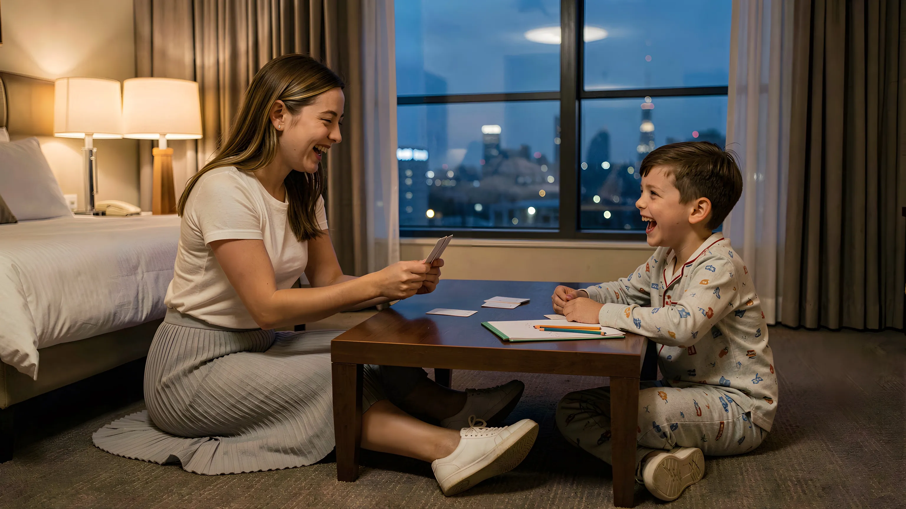 A hotel room at night. A nanny sits on the carpet at a low table playing cards with a boy in pyjamas, both laughing. Warm lamps behind them on the left, a window of blue city lights on the right.