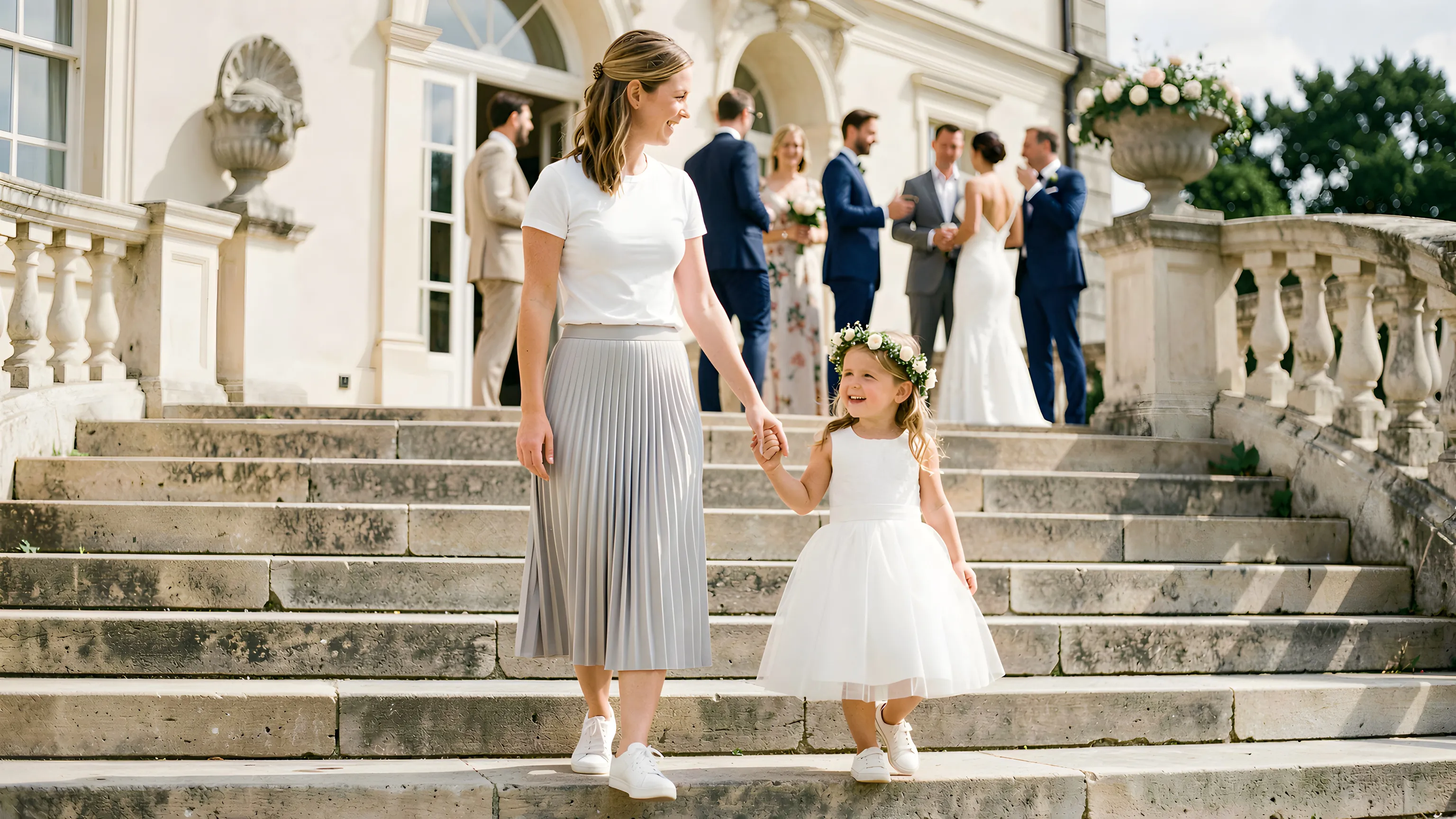 A nanny in a white tee and grey pleated skirt walks down the stone steps of a country manor holding a flower girl by the hand, the two of them looking at each other. The bride and a group of guests stand softly out of focus on the terrace behind.